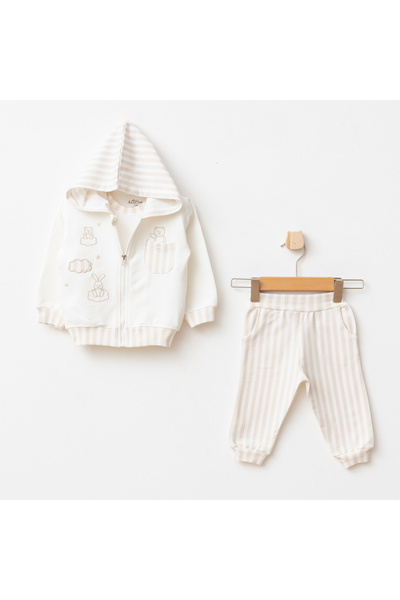 Aziz Bebe Bej Bulut Desenli Bebek Alt Üst 3 Lü Hırkalı Takım 3 Ay - 36 Ay Ara...