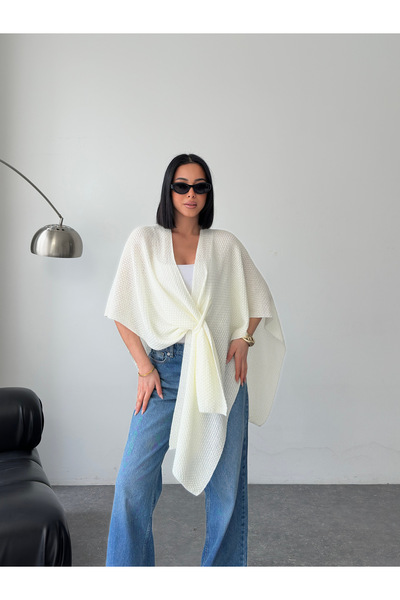 LE CARAMBOLE Women's Ecru Front Detailed Poncho Cardigan