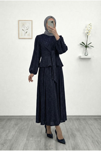 MİHRA STORE Eslem Bağlamalı Taşlı Etekli Takım-EK743 Lacivert