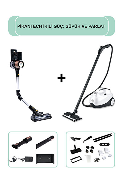 PiranTech ES-511 Katlanabilir Şarjlı Süpürge & CB-107C Çok Fonksiyonlu Buharl...