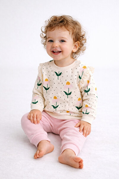 dinamik çocuk Baby Girl Floral Patterned Lace Sleeve Detailed Top and Bottom ...