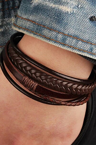 Jack Ferrero Men's Genuine Leather Bracelet Brown Magnetic Clasp Braided Brac...