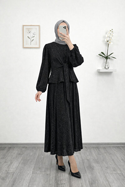 MİHRA STORE Eslem Bağlamalı Taşlı Etekli Takım-EK743 Siyah