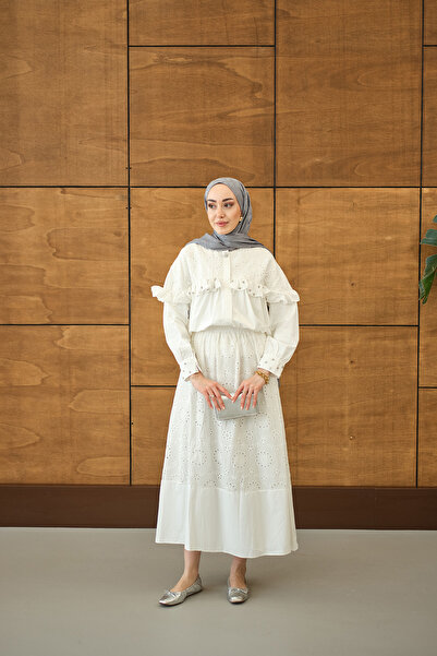 LOCCO Kadın Fırfırı Taş İşlemeli Takım Beyaz