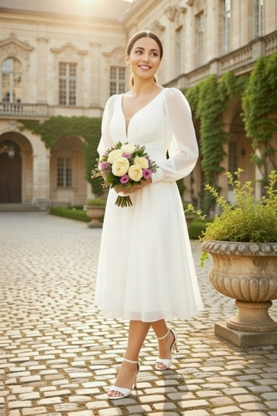 FaBe Fashion Uzun Manşet Kollu Kalp Yaka Beli Tokalı Ve Büzgülü Midi Şifon El...