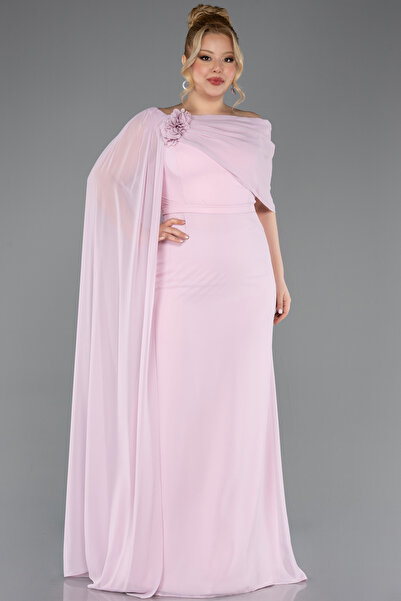 Abiyefon Pudra Pelerinli Tek Omuz Uzun Şifon Büyük Beden Abiye ABU5419
