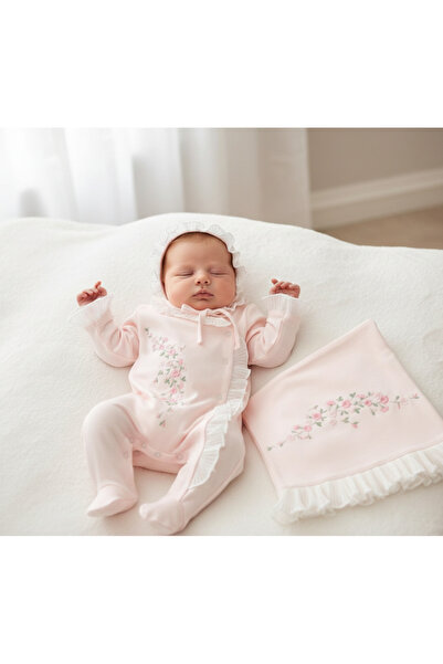 LisaLoom Çiçek Nakışlı Dantel Detaylı 3'lü Organik Hastane Çıkış Seti %100 Pa...