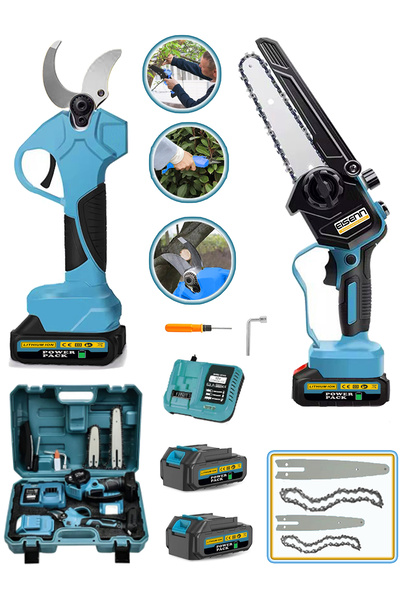 Eisenn German 2li Set Çift Akülü Çelik Şanzuman Şarjlı Dal Ağaç Kesme Testere...