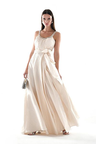 EXPLOSION Tafta Yakası Taş İşlemeli Yırtmaçlı Abiye Elbise Explosion