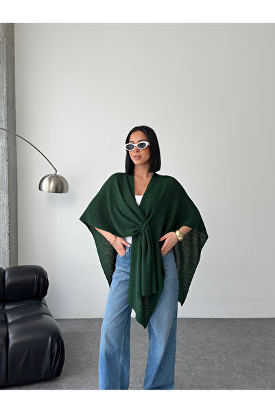 MODAMERSİ Women's Emerald Green Front Detailed Poncho Cardigan
