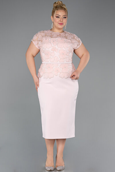Abiyefon Pudra Kısa Kol Desenli Midi Dantel Büyük Beden Abiye ABK2448
