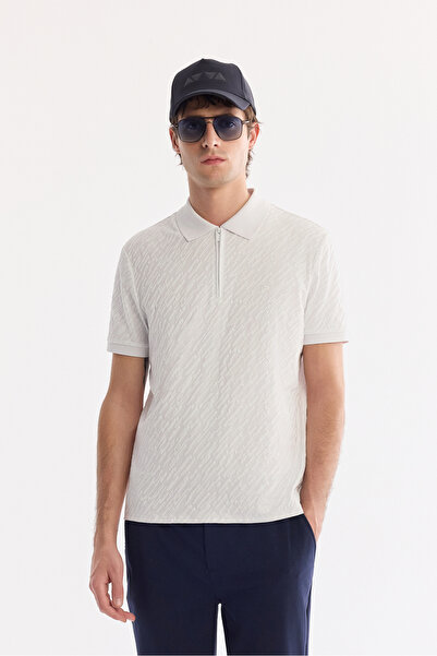 Avva Men's White Non-Curling Polo Collar Zippered Jacquard Regular Fit T-Shir...