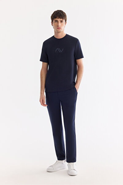 Avva Men's Navy Blue Elastic Side Technical Fabric Nora Slim Fit Trousers A61...