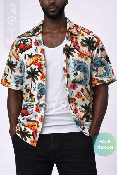 ROY501 Erkek Kısa Kol Gömlek Pug Red Desenli Kısa Kollu Gömlek Yazlık Gömlek ...