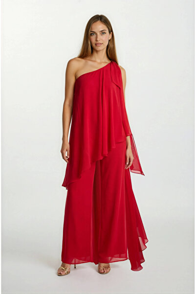 Spazio Nevilio Tek Kol Omuz Aksesuar Detaylı Abiye Tulum KIRMIZI