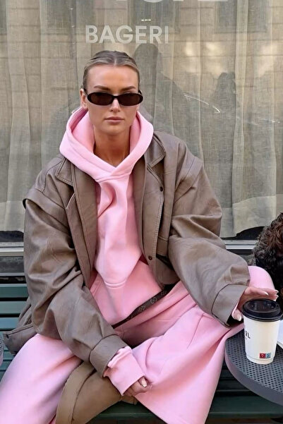 Le'Sluette Femei supradimensionat Bumbac simplu cu glugă Swea tricou Baby Pink