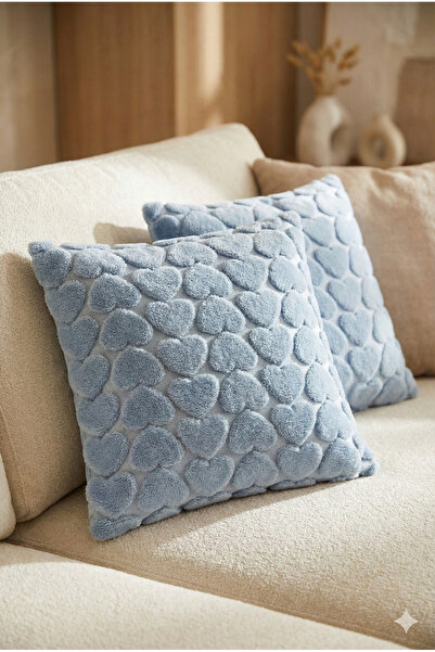 Miabella Home 2'li Peluş Kalp Desenli Kırlent Kılıfı 45x45 cm | Fermuarlı Dek...
