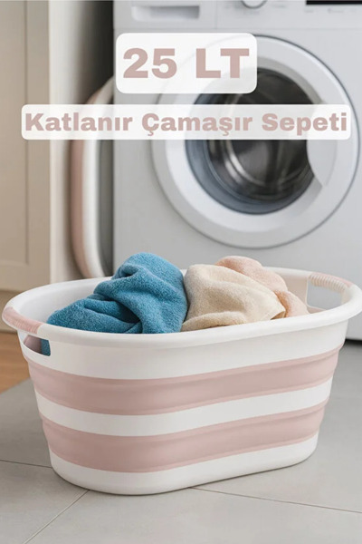 ego home Pembe-Beyaz Katlanabilir Çamaşır Sepeti Çamaşır Selesi Yeni Nesil Po...