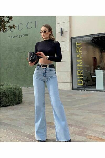 Trn JNS Dámské - Dřevěné džínové kalhoty Palazzo s super vysokým pasem z lycry