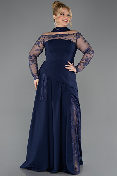 Abiyefon Lacivert Dantelli Uzun Kol Büyük Beden Abiye ABU5657