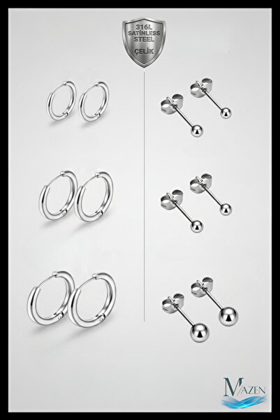 MAZEN Cerrahi Çelik 3 Çift Halka 3 çift Top Küpe (8mm, 10mm, 12mm)