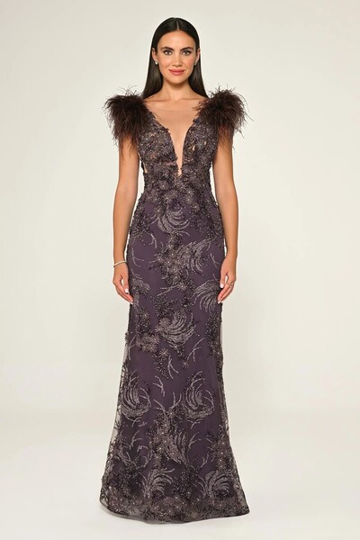 ALFABETA Alfa Beta Derin V Yaka Omzu Otrişli Uzun Abiye Elbise