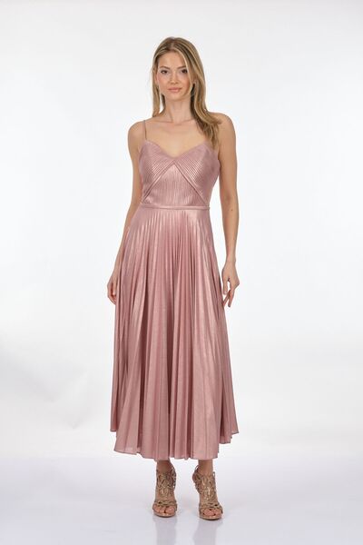 ALFABETA Alfa Beta İp Askılı Pliseli Parlak Kumaş Midi Abiye Elbise