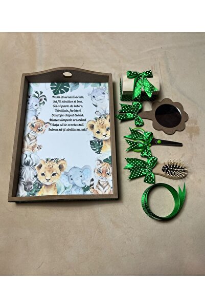 Botez Set tavita pentru taiere mot la baietei- animalute zoo - verde, 6 piese