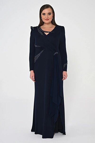 ALFABETA Alpha Beta Long Sleeve Embroidered Sequined Crepe Long Evening Dress