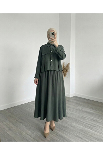 MİHRA STORE Ecem Boncuk Düğmeli Robalı A Pile Etekli Takım-MF589 Haki