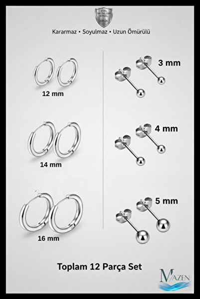 MAZEN Surgical Steel 3 Pairs Hoop 3 Pairs Balls Earrings (12MM, 14MM, 16MM)