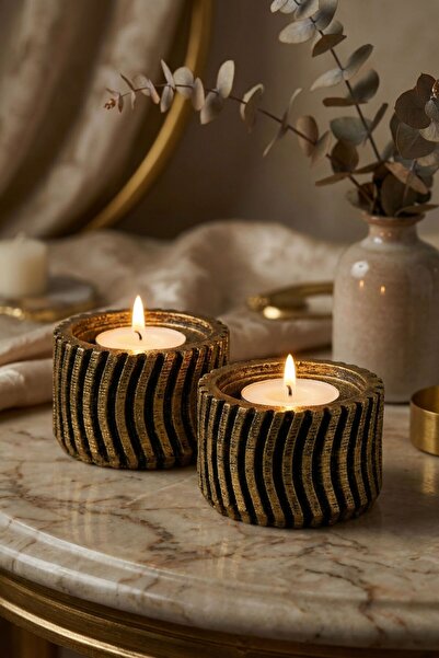 Evene Altın Eskitme Mumluk Şamdan Tealight Mum Uyumlu Tekerlek Model
