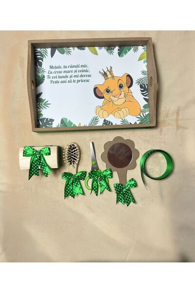 Botez Set tavita pentru taiere mot la baietei – leu verde, 6 piese