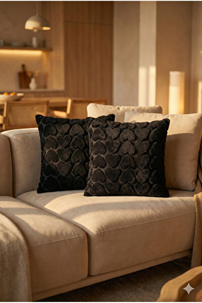 Miabella Home 2'li Peluş Kalp Desenli Kırlent Kılıfı 45x45 cm | Fermuarlı Dek...
