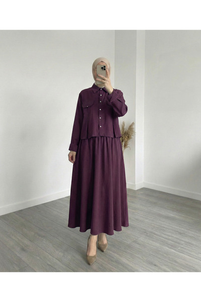 MİHRA STORE Ecem Boncuk Düğmeli Robalı A Pile Etekli Takım-MF589 Bordo