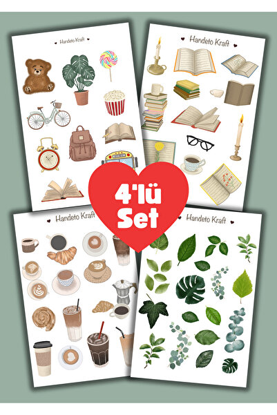 Handeto Kraft Kitap Temalı 4lü Çoklu Sticker Seti, Çıkartma, Scrapbook, Bulle...