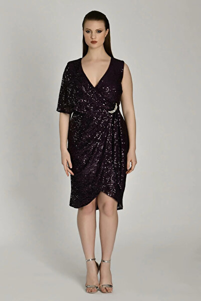 ALFABETA Alfa Beta Tek Kısa Kol V Yaka Beli Broşlu Kısa Abiye Elbise