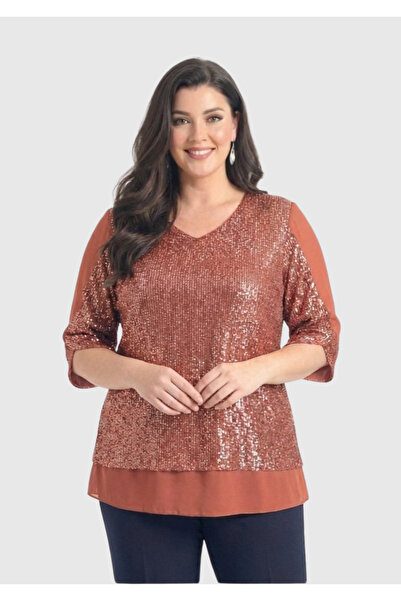 LİLAS XXL Büyük Beden Kiremit Renkli Pul Payetli Şifon Bluz