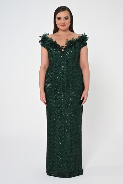 ALFABETA Alfa Beta Çiçekli Kayık Yaka Payet Uzun Abiye Elbise