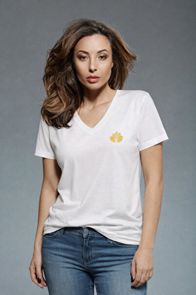TWINTICKS White Yoga Gold Lotus Printed V-Neck Women's T-Shirt – White Cotton...