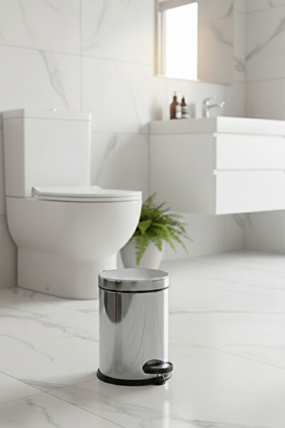 GörSeç 3 Litre Paslanmaz 2'li Banyo Seti Pedallı Çöp Kovası Wc Klozet Tuvalet Fırça Seti Banyo Çöp Kovası
