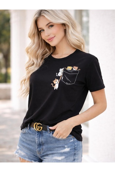 EXPECTED Γυναικείο μαύρο χαριτωμένο γάτες με στάμπα βαμβακερό oversize άνετο ...