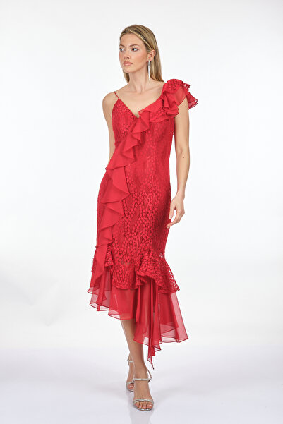 ALFABETA İnce Askılı Dantel İşlemeli Kısa Şifon Abiye Elbise Alfa Beta Kadın ...