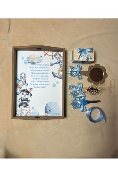 Botez Set tavita pentru taiere mot la baietei- iepuras blue, 6 piese