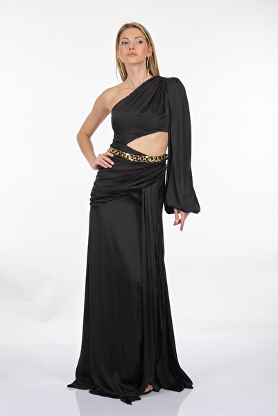 ALFABETA Alfa Beta Tek Kol Beli Zincirli Yırtmaçlı Saten Uzun Abiye Elbise