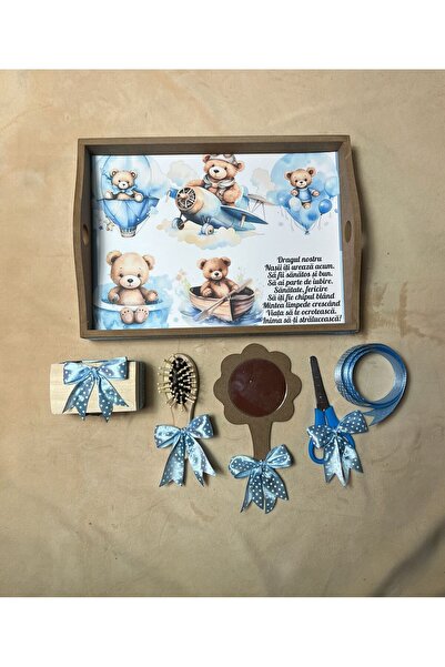 Botez Set tavita pentru taiere mot la baieti – model Ursulet blue