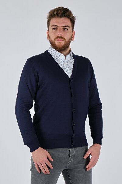 Barca V-izrez, dugi rukavi, tamnoplava muška pletenina sa dugmićima 2124006