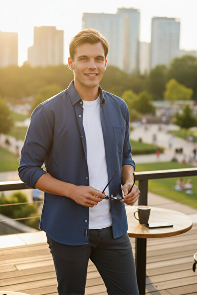 Smc by Semco Yaka Düğmeli Çıtçıtlı Uzun Kollu Denim Görünümlü Erkek Gömlek Te...