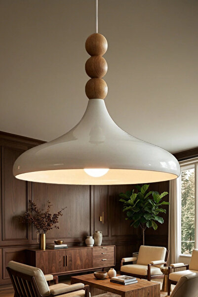 Marrien Nova Bohem Ahşap 3 Boncuklu Beyaz Metal Sarkıt (35 cm) Yemek Masası Ü...