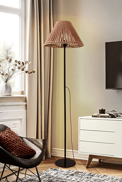 Marrien Mono Siyah Metal Ayaklı Doğal İp Başlıklı Lambader - 145cm Bohem Rust...